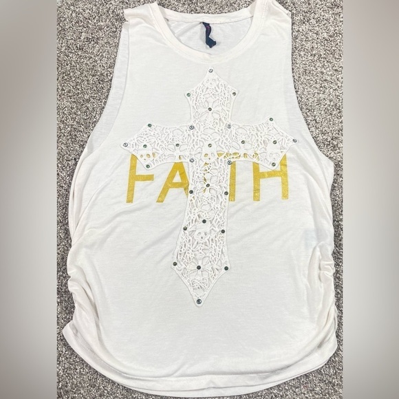 Women's top: FAITH - with a crocheted cross overlay.   Preowned - size small - Picture 1 of 4